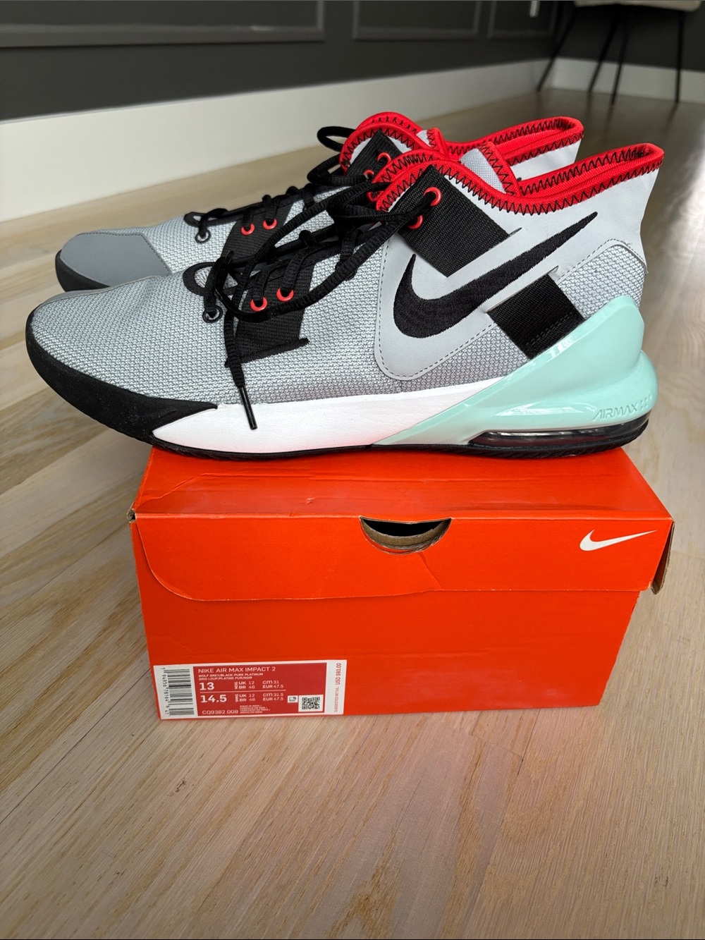 Nike Air Max Impact 2 Basketball Shoes - Gray, Black, Mint & Red size Men 13